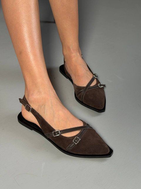 Жіночі слінгбеки з натуральної замші шоколадного кольору на низькій підошві 8925-1 фото